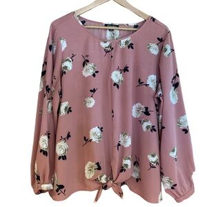 Roz & Ali W2X Mauve Pink Floral Poly Spandex Puff Sleeve Key Hole Neck Blouse